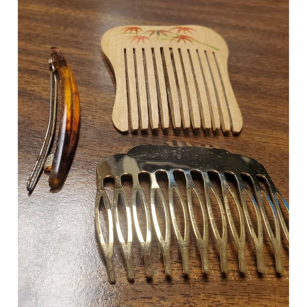 Vintage Estate Lot of 2 Hair Combs and 1 Barrette Wood, Metal and Faux Tortoise - Picture 2 of 8